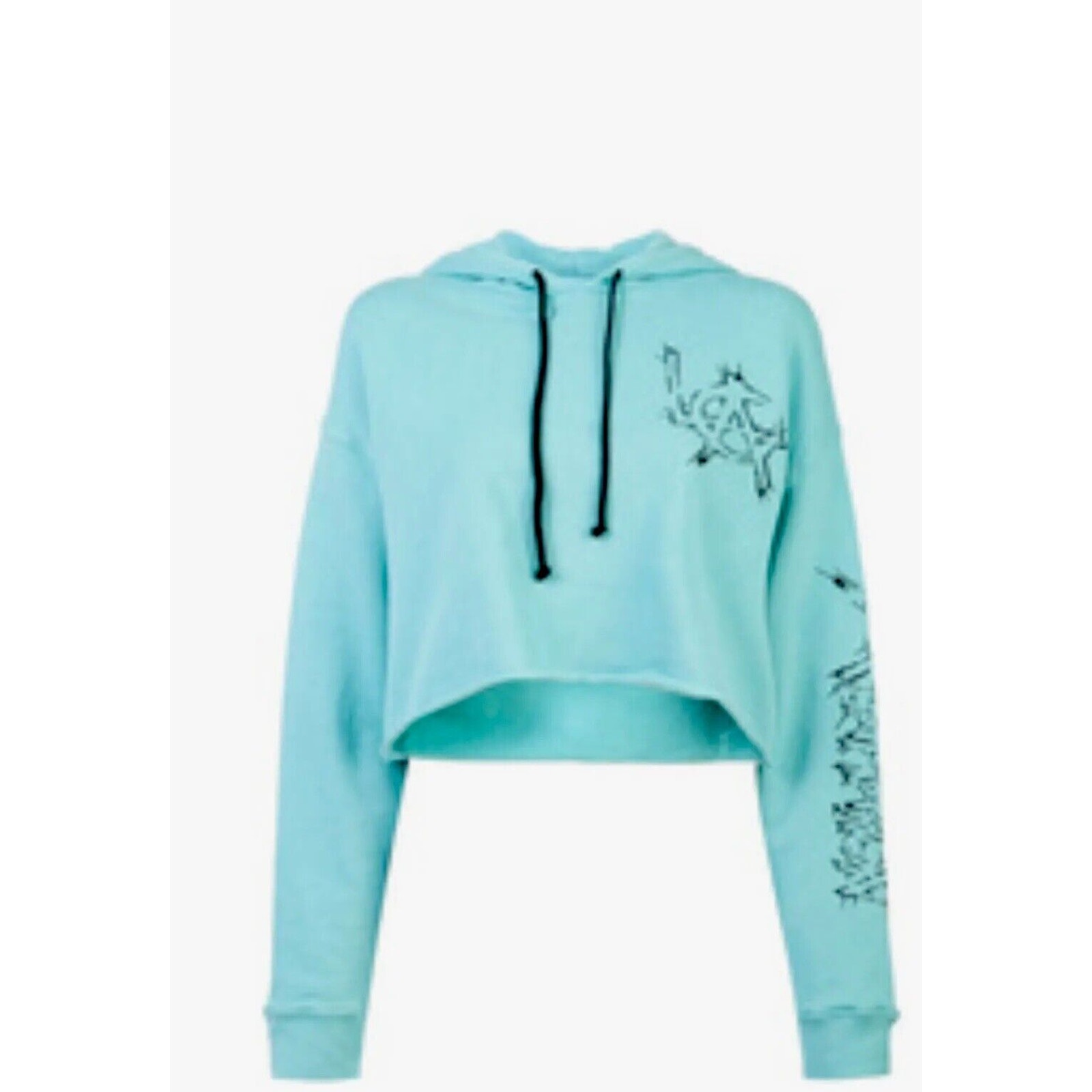 Post La Adaptation Aqua And Black Graphic Long Sleeve Crop Hooded Sweater Small